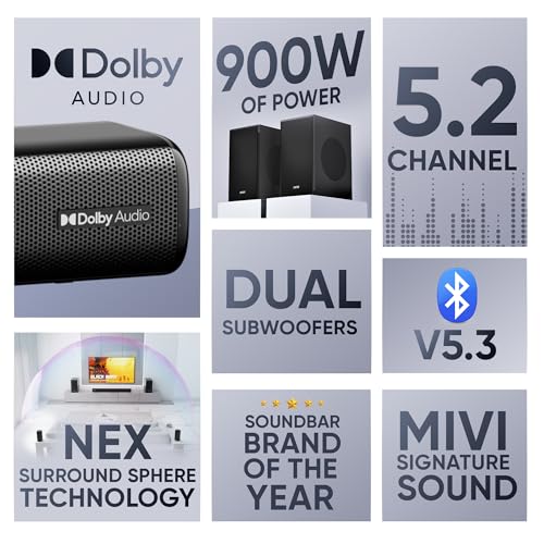 Mivi Nex 900 Dolby Audio Soundbar (New Launch)| 900W Signature Sound | 5.2 Channel Home Theatre System with Dual Subwoofers and Satellites | Nex Surround Sphere Tech | Bluetooth v5.3|B0G3B2V7TB