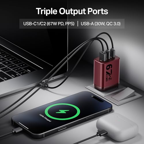 boAt 67W GaN Charger USB Type C, Ultra-Fast Triple Port Fast Charging, Laptop Compatible, Compact & Lightweight, Supports All iPhones, Android Phones, Laptops, Macbooks (Monarch Red)|B0F4XWCQY4