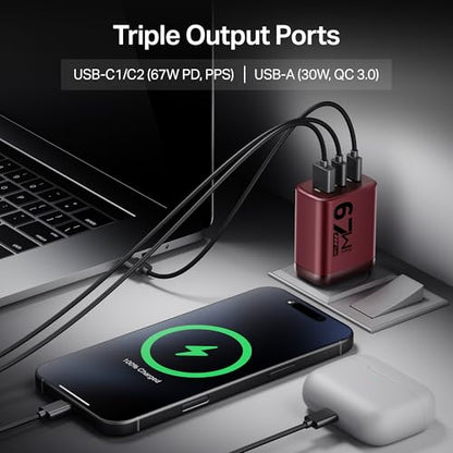 boAt 67W GaN Charger USB Type C, Ultra-Fast Triple Port Fast Charging, Laptop Compatible, Compact & Lightweight, Supports All iPhones, Android Phones, Laptops, Macbooks (Monarch Red)|B0F4XWCQY4