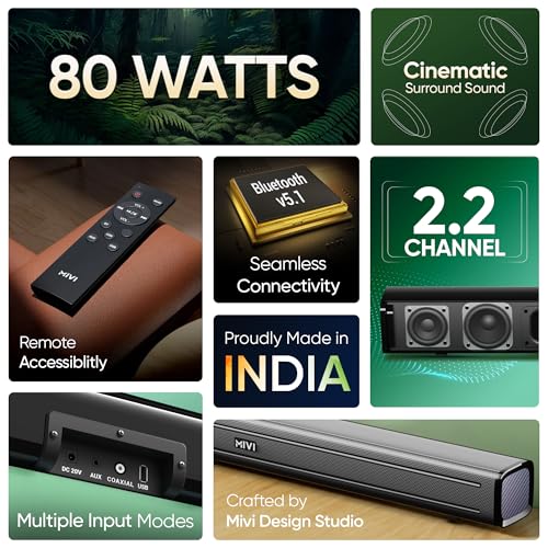 Mivi Fort Q80 Soundbar with 80W Surround Sound, 2.2 Channel soundbar with 2 in-Built subwoofers, Multiple EQ and Input Modes, Remote Accessibility, Bluetooth v5.2, Made in India Sound bar for TV|B0CPHYXR3G
