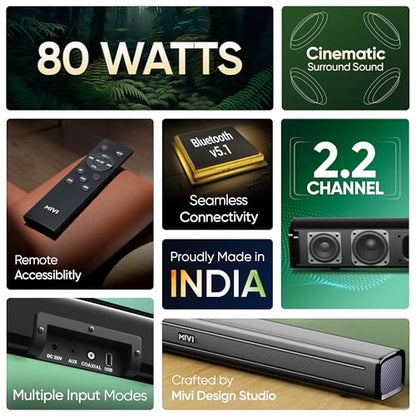 Mivi Fort Q80 Soundbar with 80W Surround Sound, 2.2 Channel soundbar with 2 in-Built subwoofers, Multiple EQ and Input Modes, Remote Accessibility, Bluetooth v5.2, Made in India Sound bar for TV|B0CPHYXR3G