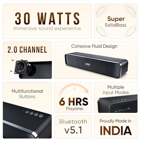 Mivi Fort H30 Portable Bluetooth Speakers Soundbar – [Newly launched] 30W Bluetooth Soundbar for Campus Life, 2.0 Channel, Sleek Design, 6 Hours Playtime, Multi-connectivity, Made in India|B0DMNHYM33