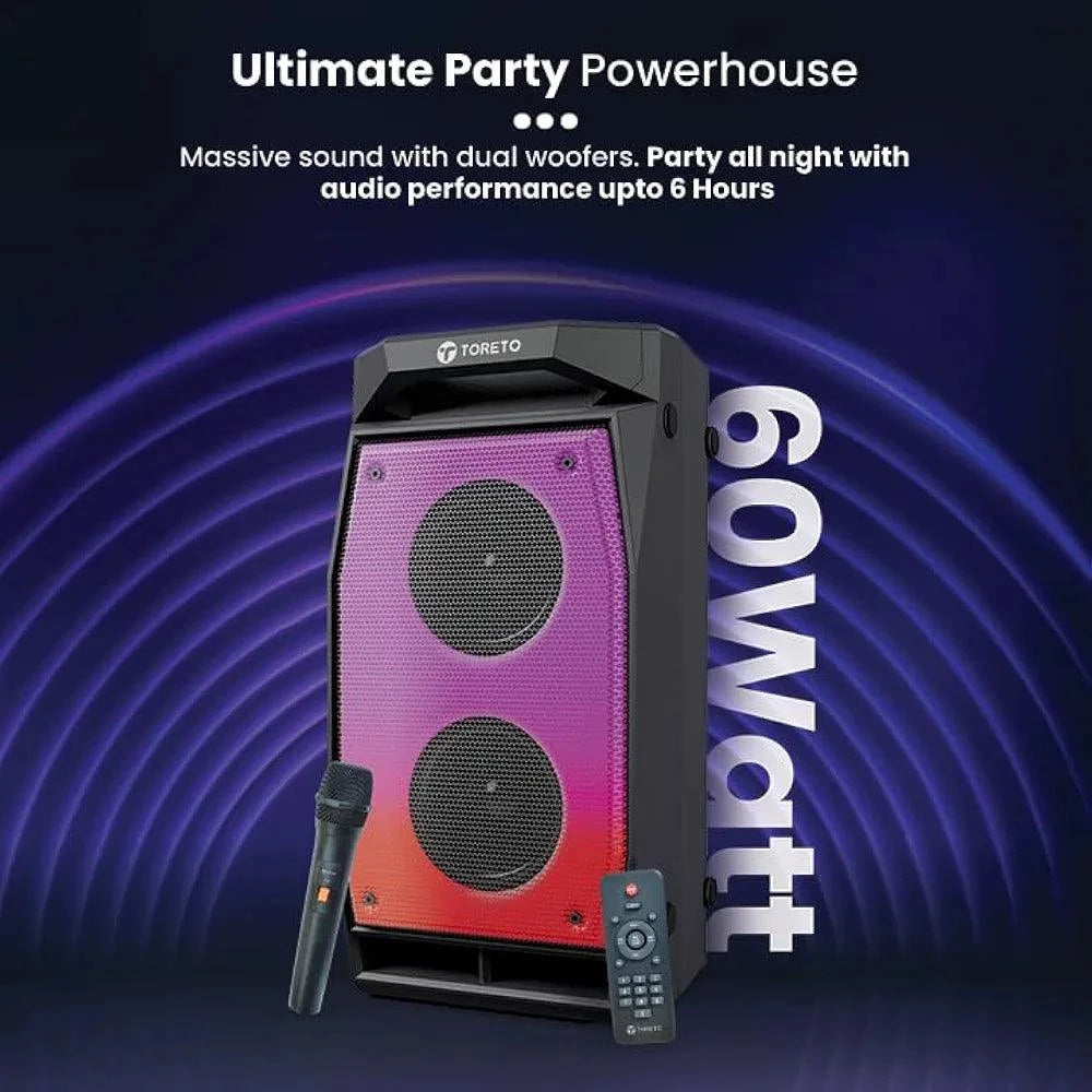 Toreto Evolve Pro 60Watt Wireless Bluetooth Party Speaker with Karaoke Mic, HD Bass, EQ Modes, TWS, Dynamic RGB Lights, mic Input, BT 5.3v, AUX in, Type C Charging - Nalanda Enterprises