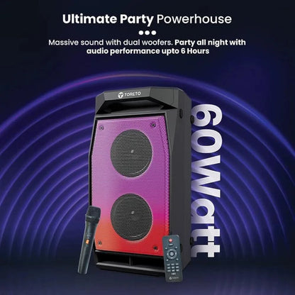 Toreto Evolve Pro 60Watt Wireless Bluetooth Party Speaker with Karaoke Mic, HD Bass, EQ Modes, TWS, Dynamic RGB Lights, mic Input, BT 5.3v, AUX in, Type C Charging - Nalanda Enterprises