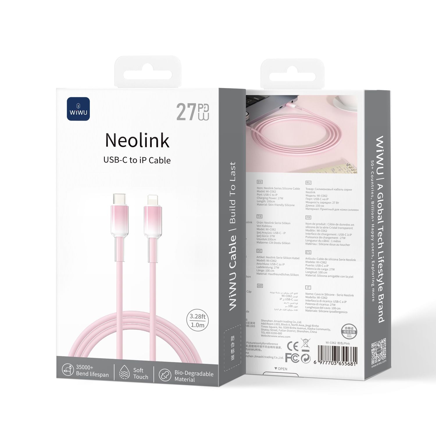 WiWU C062 Neolink USB-C to Lightning Silicone Cable, 1M Pink
