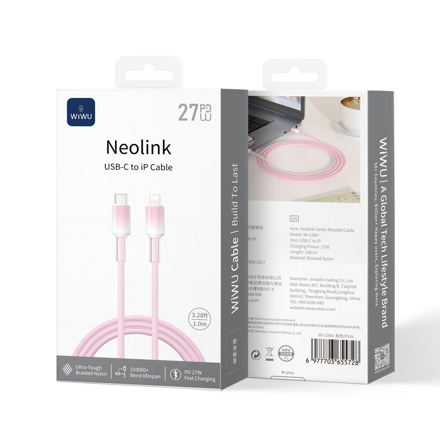 WiWU C064 Neolink USB-C to Lightning Braided Nylon Cable, 1M Pink