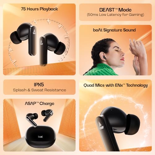 boAt Airdopes 301 TWS in Ear Earbuds, 75hrs Playtime, Quad Mics with ENx, ASAP Charge, IWP Tech, Beast Mode (50ms Low Latency), 10mm Drivers, Bluetooth v5.3 & IPX5 Resistance(Midnight Shadow) - Nalanda Enterprises