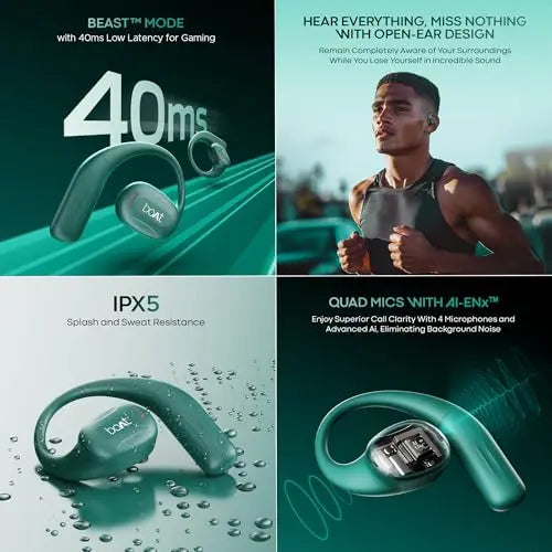 boAt Airdopes Progear Open-Ear Ear Buds for Outdoor Sports W/Air Conduction Tech, in Ear, 4 Mics W/Ai-Enx, 100Hrs Playback, 15Mm Drivers, Secure Fit,Beast Mode W/ 40Ms Latency, ASAP Charge Green - Nalanda Enterprises
