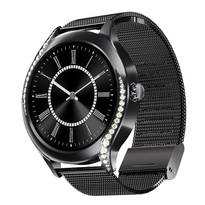 Boat Enigma Gem Women's Luxury Smart Watch w/ 1.19” (3.02cm) AMOLED Display, Emergency SOS Live Location Sharing, Female Wellness, Watch Face Studio, BT Calling, Watch for Woman (Metallic Black)|B0DFYJWHRC