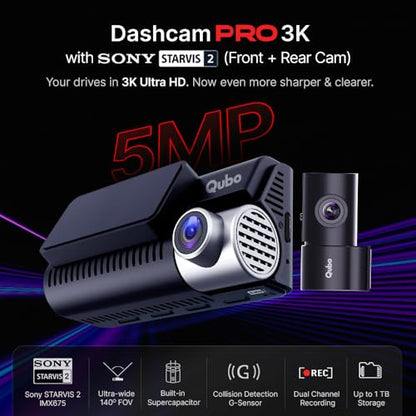 Qubo Car Dashcam Pro 3K with Sony STARVIS 2 IMX675 Sensor | Dual Channel | Hero Group | NightPulse Vision | 5MP UHD Front (140°), 2MP FHD Rear | 3.2" LCD | Built-in GPS, Wi-Fi, Mic | Up to 1TB Storage|B0F2237M2D