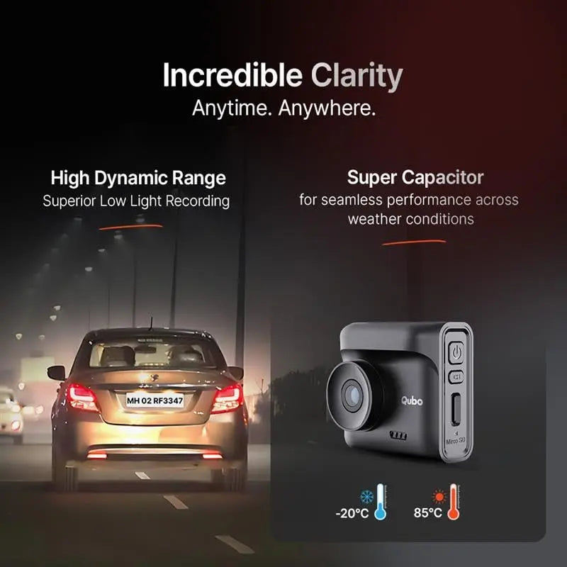 Qubo dash cam displaying low light recording and super capacitor features, car driving at night, Nalanda Enterprises corporate gifting product.