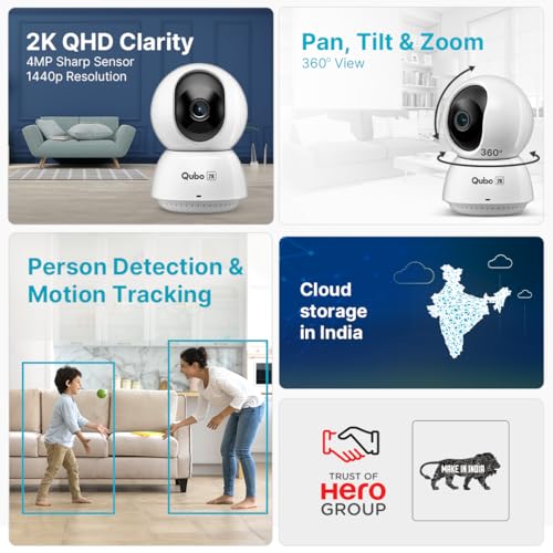 Qubo Smart 360 Ultra 2K 4MP 1440p WiFi CCTV Security Camera for Home from Hero Group | Mobile App | Two Way Talk | Night Vision | Cloud & SD Card Recording | Made in India | Alexa & OK Google | - Nalanda Enterprises