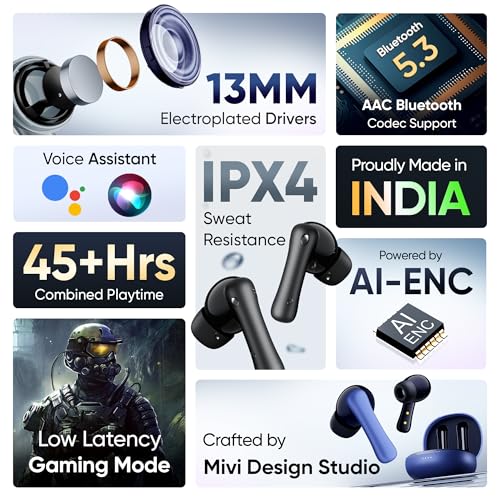 Mivi DuoPods i2 True Wireless Earbuds - 45H+ Playtime, HD Calls, Fast Charging, 13mm Bass Drivers, IPX4 Sweatproof, v5.3 Bluetooth in Ear Ear Buds Wireless, Made in India|B0CRTRNR2L
