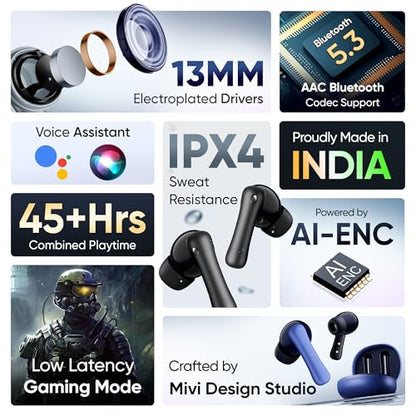 Mivi DuoPods i2 True Wireless Earbuds - 45H+ Playtime, HD Calls, Fast Charging, 13mm Bass Drivers, IPX4 Sweatproof, v5.3 Bluetooth in Ear Ear Buds Wireless, Made in India|B0CRTRNR2L