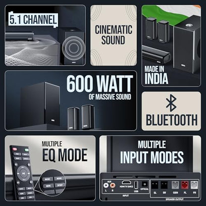 Mivi Fort Hip-Hop 6000 Home Theatre [2025 Latest Launch], 600 Watts Soundbar with cinematic sound, 5.1 Channel, Multiple EQ & Input Modes, BT v5.3, Remote Accessibility, Made in India Sound bar for TV|B0F8ZGL8HQ