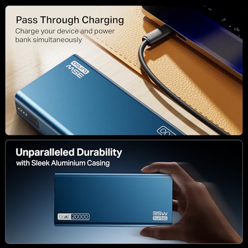 boAt Energyshroom PB435 20000 mAh 35W Super Fast Charging Power Bank, Smart 12 Layer Protection (4X Output Ports, Supports Android, iPhone, Tablets, Earbuds, etc.) (Navy Blue)|B0F48HHWKX