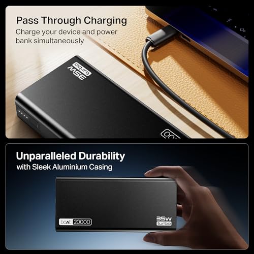 boAt Energyshroom PB435 20000 mAh 35W Super Fast Charging Power Bank, Smart 12 Layer Protection (4X Output Ports, Supports Android, iPhone, Tablets, Earbuds, etc.) (Navy Blue)|B0F48HHWKX