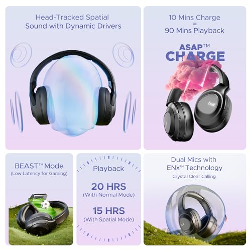 boAt Nirvana Eutopia Bluetooth Over Ear Headphones with Head Tracking Function, Spatial Audio,20 HRS Playtime, Enx™ Tech, ASAP™ Charge, Hearables App(Android & iOS Compatible)(Primia Black)|B0CVRXTRBY