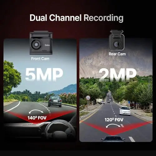 Qubo dual channel dashcam with 5MP front camera 140° FOV and 2MP rear camera 120° FOV