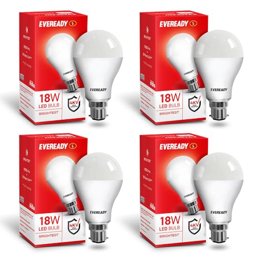 Eveready 18W LED Bulb | 1800 Lumen | 4KV Surge Protection | Long Life & Low Maintenance | BIS Certified | 1 Year Warranty | 100 Lumens Per Watt | Cool Day Light (6500K) | B22 | Pack of 2|B0759SHFNT