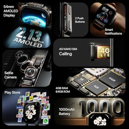 Fire-Boltt Snapp Smart Watch, Selfie Camera, 4G Nano-SIM Slot, 54.1mm AMOLED Display, Play Store- Unlimited apps, 1000mAh Battery, 2GB/4GB RAM + 16GB/64GB ROM (Archaic Black)|B0D6BWLMNZ