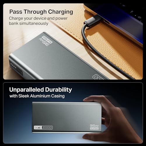 boAt Energyshroom PB435 20000 mAh 35W Super Fast Charging Power Bank, Smart 12 Layer Protection (4X Output Ports, Supports Android, iPhone, Tablets, Earbuds, etc.) (Navy Blue)|B0F48HHWKX