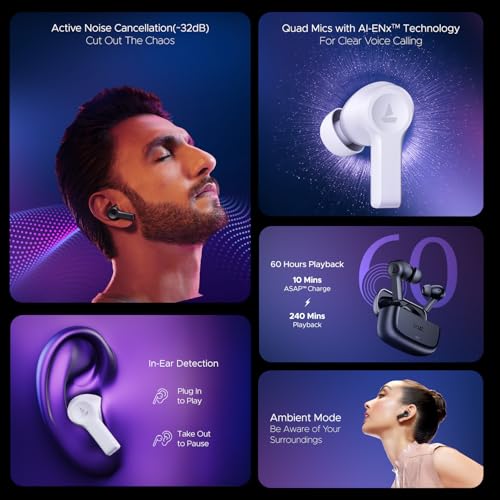 boAt Nirvana Lucid w/ 32 dB ANC, Multi-Point Connectivity, in-Ear Detection, 60HRS Playback, Hearables App, 4 Mics ENx, IPX5 Truly Wireless in Ear Earbuds, TWS Ear Buds(Zinc White)|B0DKJLNN79