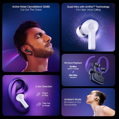boAt Nirvana Lucid w/ 32 dB ANC, Multi-Point Connectivity, in-Ear Detection, 60HRS Playback, Hearables App, 4 Mics ENx, IPX5 Truly Wireless in Ear Earbuds, TWS Ear Buds(Zinc White)|B0DKJLNN79
