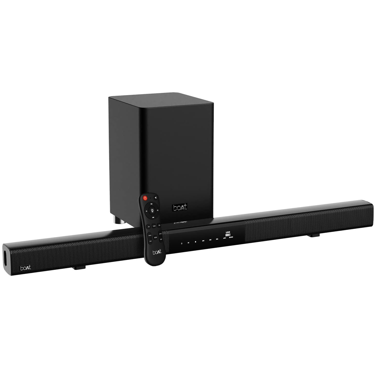 boAt Aavante Bar 1500 2.1 Channel Home Theatre Soundbar with 120W Signature Sound, Wired Subwoofer, Multiple Connectivity Modes, Entertainment EQ Modes and Sleek Finish (Black) - Nalanda Enterprises