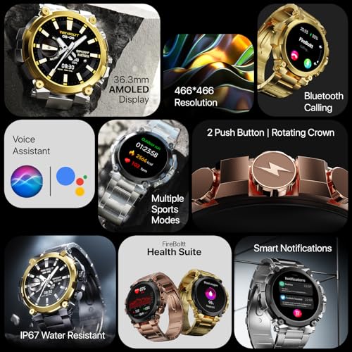 Fire-Boltt Dominian 36.3mm (1.43 inch) AMOLED Display, Stainless Steel Design, 466 * 466 px Resolution, Bluetooth Calling, Multiple Sports Modes, Health Mode, IP67, Weather Updates (Black Gold)|B0D8KVX6NY