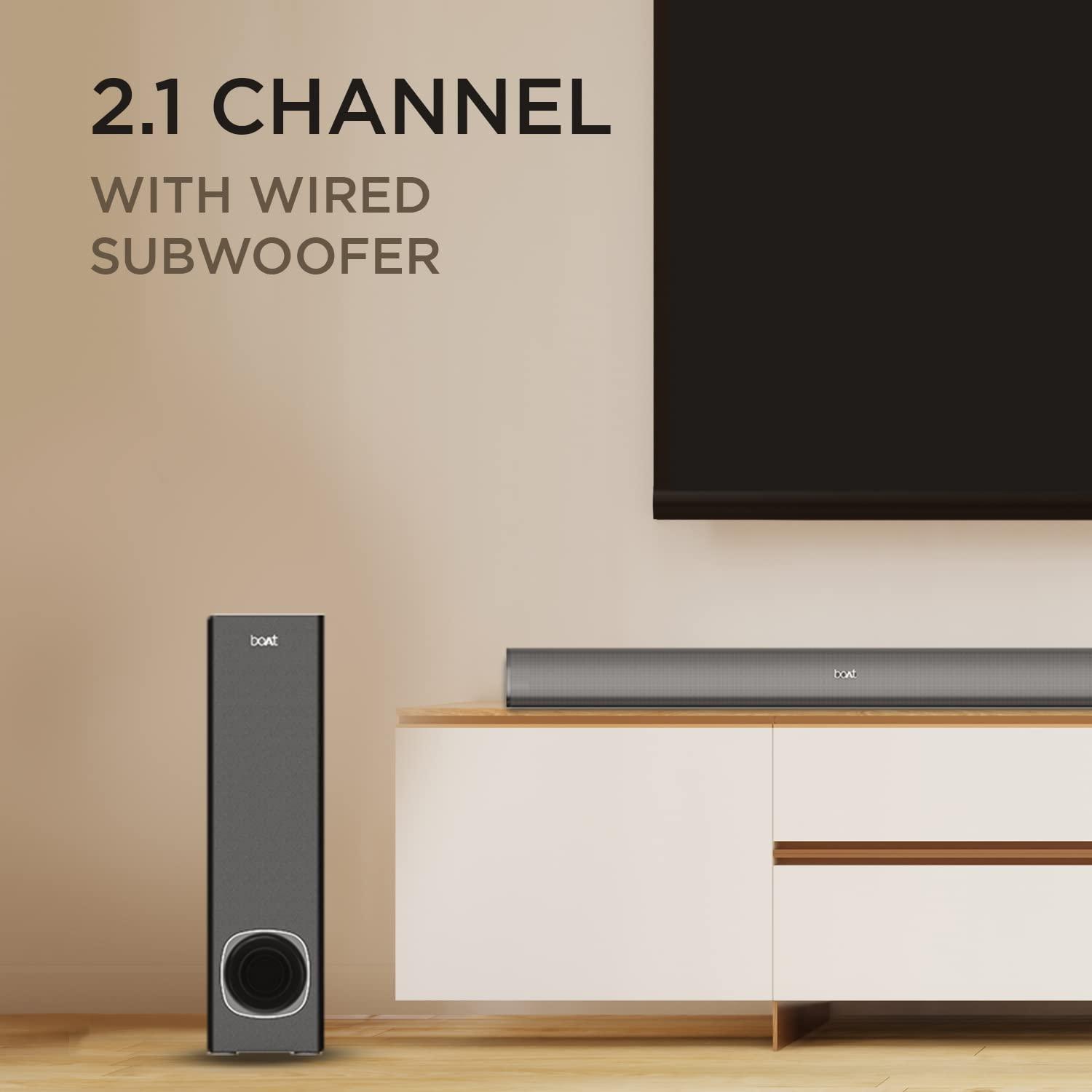boAt AAVANTE Bar 1800 120W 2.1 Channel Bluetooth Soundbar Signature Sound, Wireless Subwoofer, Multiple Connectivity Modes, Entertainment Modes(Premium Black) - Nalanda Enterprises