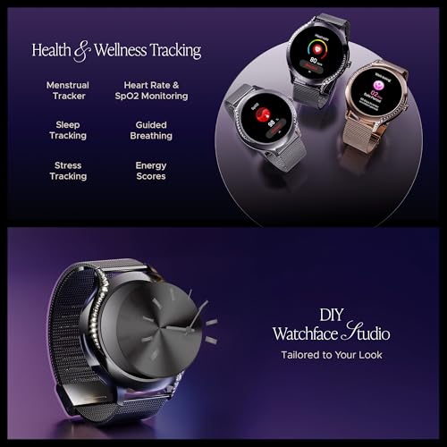 Boat Enigma Gem Women's Luxury Smart Watch w/ 1.19” (3.02cm) AMOLED Display, Emergency SOS Live Location Sharing, Female Wellness, Watch Face Studio, BT Calling, Watch for Woman (Metallic Black)|B0DFYJWHRC