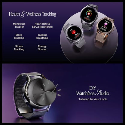 Boat Enigma Gem Women's Luxury Smart Watch w/ 1.19” (3.02cm) AMOLED Display, Emergency SOS Live Location Sharing, Female Wellness, Watch Face Studio, BT Calling, Watch for Woman (Metallic Black)|B0DFYJWHRC