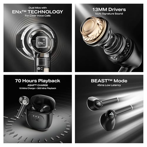 Boat Airdopes 131 Gen 2, 13mm Drivers, 70H Battery, ENx Tech, Beast Mode 45 ms Low Latency, ASAP Charge, Bluetooth Earbuds, TWS Ear Buds Wireless Earphones with mic (Carbon Black)|B0FPLP7SMZ