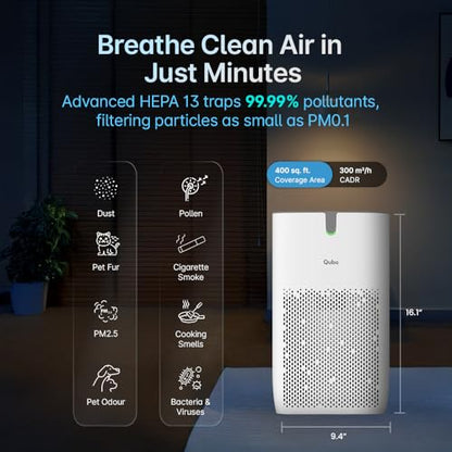 Qubo Smart Air Purifier Q400 for Home by Hero Group | 400 Sqft | 99.99% Allergen Removal | HEPA H13 | 9000 Hrs Filter Life | App & Voice Control | Energy Saving | Ultra-Quiet BLDC Motor (White)|B0CMHDMPWX