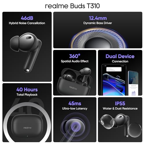 realme Buds T310 True Wireless in-Ear Earbuds with 46dB Hybrid ANC, 360° Spatial Audio, 12.4mm Dynamic Bass Driver, Upto 40Hrs Battery and Fast Charging (Vibrant Black)|B0DBGP48NW