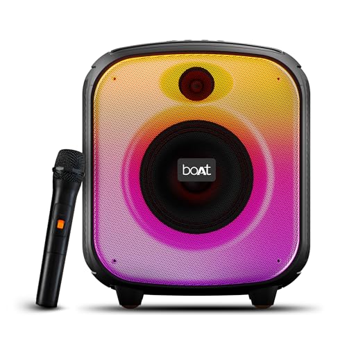 boAt PartyPal 63 Pro Bluetooth Speaker with 30 W Signature Sound, Karaoke with Mic, Customizable RGB LEDs, Wireless Mic, Upto 8 hrs Playback, BTv5.3, TWS Mode, Bass Boost, AUX & Port(Midnight Black) - Nalanda Enterprises