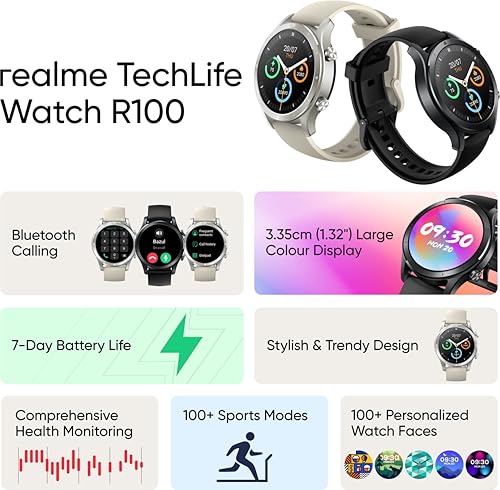 realme Smart Watch R100 (Black) | 1.32" HD Color Display | Bluetooth Calling & Sync Contacts | 100+ Watch Faces & Activity Tracking | Long Battery Life | Sleep & SpO2 Tracking | Slim Design | GPS|B0FS825XD9