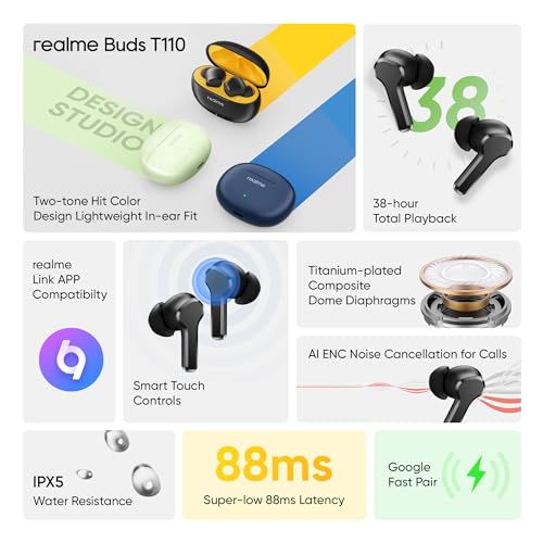 realme Earbuds T110 with Ai Enc for Calls, Upto 38 Hours of Playback and Fast Charging Bluetooth in Ear Headset (Punk Black, True Wireless)|B0D212YMD7