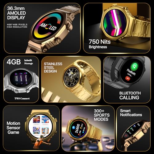 Fire-Boltt Onyx- 36.3mm AMOLED Always On Display Smart Watch, 466 * 466 High Resolution, Bluetooth Calling, Steel Design, IP67, 4GB Storage, 300+ Sports Modes, 130+ Watch Faces (Gold)|B0CT58D91K