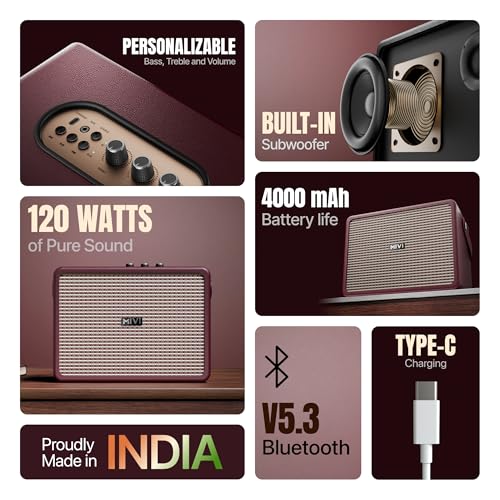 Mivi SuperBox Classic 120W Portable Bluetooth Speaker [New Launch] | Premium Sound with Built-in Subwoofer, Bass & Treble Control Knobs, AUX & USB Support | Made in India|B0FB44F3NZ