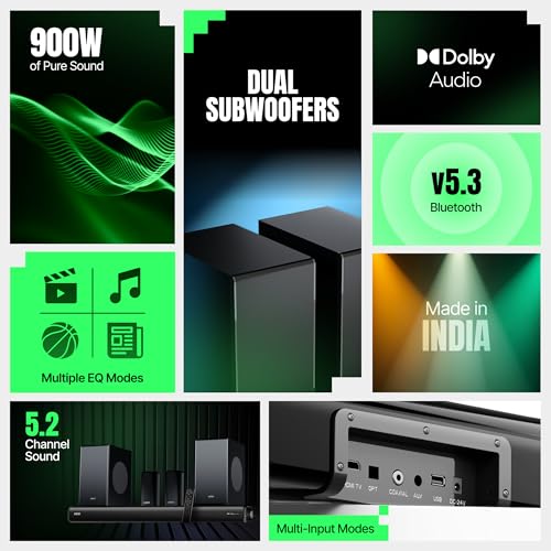 Mivi Superbars Cinematic 900W Premium Dolby Home Theatre System [Newly Launch] with Dual Subwoofers soundbar, 5.2 Channel, EQ & Input Modes, BT v5.3, Sound bar|B0F2GQ8YVL