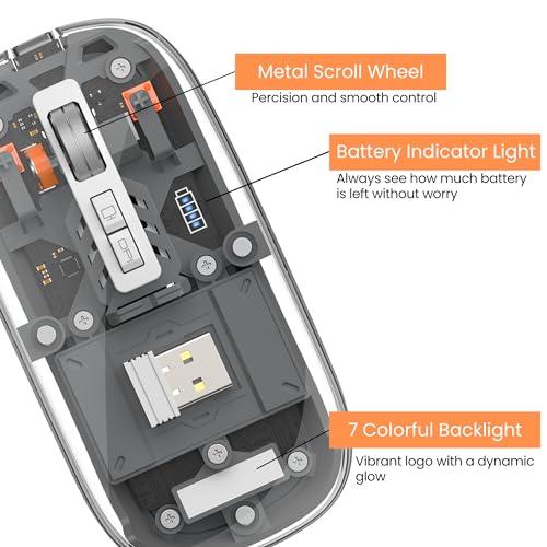 WIWU Tri-Mode Wireless Mouse USB C Rechargeable, Transparent Design, Silent Click USB Receiver & Type C Adapter - Ergonomic for Computer, Laptop - Stylish & Efficient (Crystal Grey) (Crystal Grey) - Nalanda Enterprises