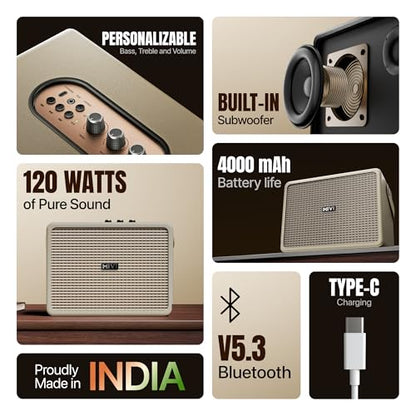 Mivi SuperBox Classic 120W Portable Bluetooth Speaker [New Launch] | Premium Sound with Built-in Subwoofer, Bass & Treble Control Knobs, AUX & USB Support | Made in India|B0FB44F3NZ