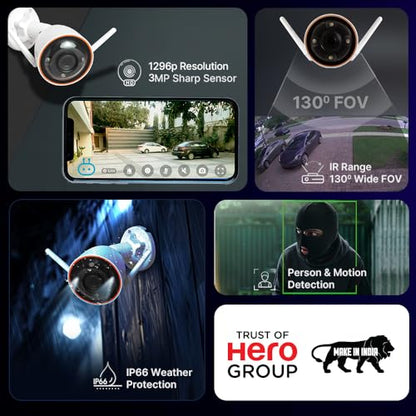 QUBO Smart Outdoor 2K 3MP 1296p WiFi Bullet Camera from Hero Group | Color Night Vision | AI Person Detection | Smart Spotlight | IP66 Weather Resistant | Made in India | 2024 Launch | (Pack of 1) (1) - Nalanda Enterprises