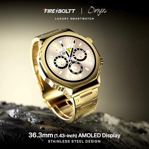 Fire-Boltt Onyx- 36.3mm AMOLED Always On Display Smart Watch, 466 * 466 High Resolution, Bluetooth Calling, Steel Design, IP67, 4GB Storage, 300+ Sports Modes, 130+ Watch Faces (Gold)|B0CT58D91K