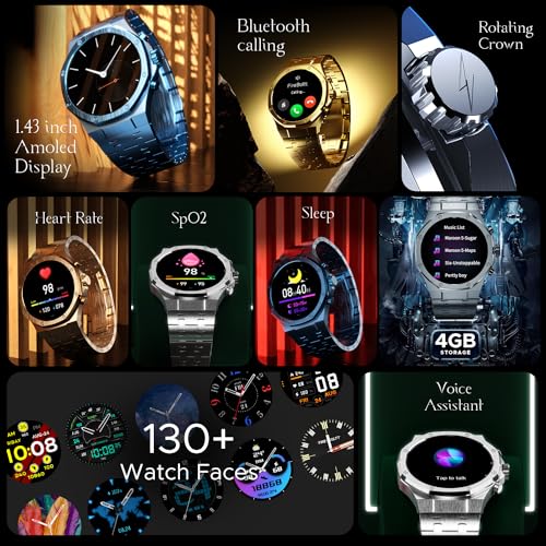 Fire-Boltt Royale Luxury Stainless Steel Smart Watch 36.32mm (1.43 inch) AMOLED Display, Always On, 750 NITS Peak Brightness 466 * 466 px Resolution. Bluetooth Calling, IP67, 75Hz Refresh Rate (Gold)|B0CH8N4XH2