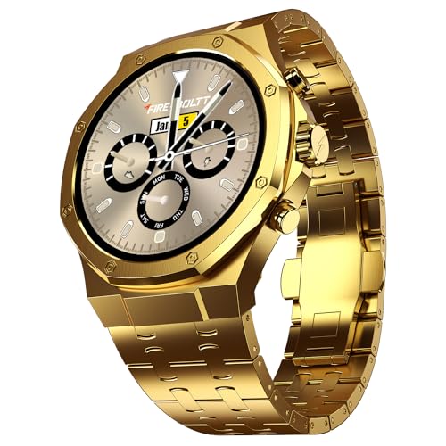 Fire-Boltt Royale Luxury Stainless Steel Smart Watch 36.32mm (1.43 inch) AMOLED Display, Always On, 750 NITS Peak Brightness 466 * 466 px Resolution. Bluetooth Calling, IP67, 75Hz Refresh Rate (Gold) - Nalanda Enterprises