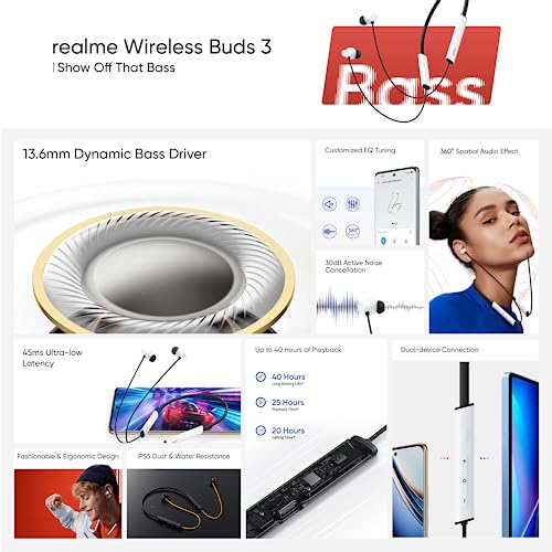 realme Buds Wireless 3 in Ear Bluetooth Headphones,30dB ANC, Spatial Audio,13.6mm Dynamic Bass Driver,Upto 40 Hours Playback, Fast Charging, 45ms Low Latency for Gaming,Dual Device Connection (Black)|B0C8VJ1GQQ
