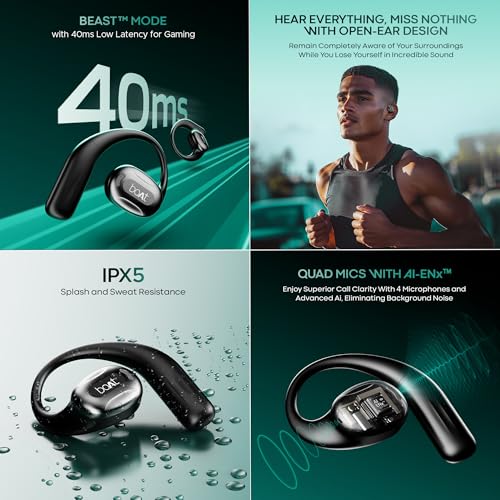boAt Airdopes Progear Open-Ear Ear Buds for Outdoor Sports W/Air Conduction Tech,in Ear,4 Mics W/Ai-Enx, 100Hrs Playback,15Mm Drivers, Secure Fit,Beast Mode W/ 40Ms Latency, ASAP Charge(Active Black) - Nalanda Enterprises